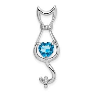 14k White Gold Blue Topaz And Diamond Cat Pendant